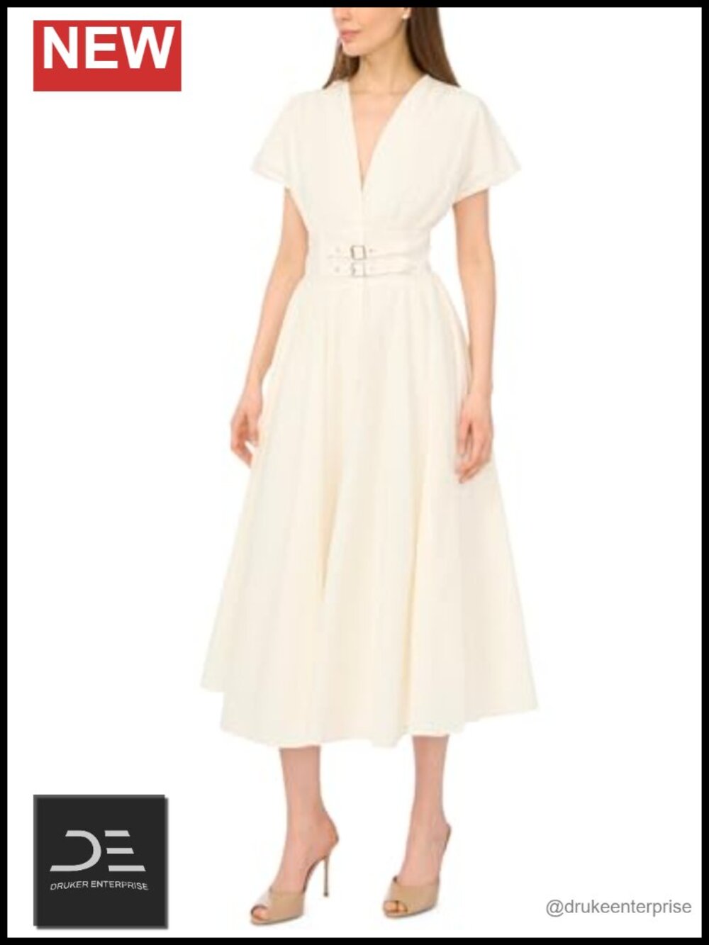V-Neck Double Belt Cinch Waist Dress Maxi